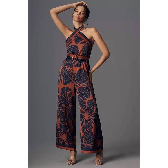 HUTCH Pants - NEW HUTCH benny halter belted floral jumpsuit in orange/ navy
